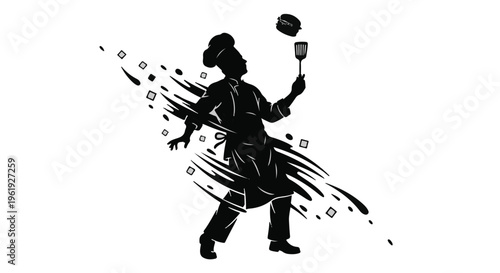 Dynamic chef silhouette juggling a hat and spatula with energetic splashes and shapes