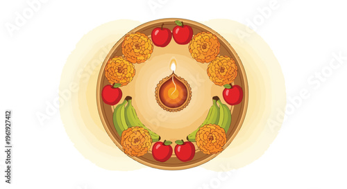 Illustration of a traditional puja plate with flowers, fruits, and a lit diya on a beige background, symbolizing Tamil New Year celebrations with vibrant colors and cultural significance.