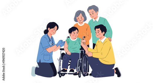 Healthcare workers and family members surround a patient in a wheelchair during world immunization week with a supportive and caring mood