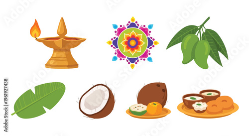 Flat lay illustration of traditional Tamil New Year items including diya lamp, mango leaves, coconut, and sweetmeats on a clean white background with vibrant colors.
