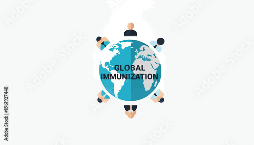 Illustration of a blue globe with people around it for World Immunization Week on a white background with a flat design style and a global health mood