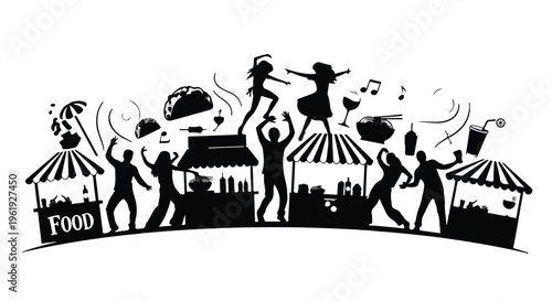 Joyful crowd dancing and celebrating at a vibrant outdoor food festival with music and delicious treats.