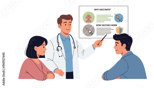 A doctor in a white coat explains a poster about World Immunization Week to a seated couple in a clinical setting with a professional and informative mood