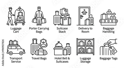 A collection of clean, modern line art icons depicting various hotel luggage services, including bellhops, carts, transport, and storage, perfect for travel and hospitality design.
