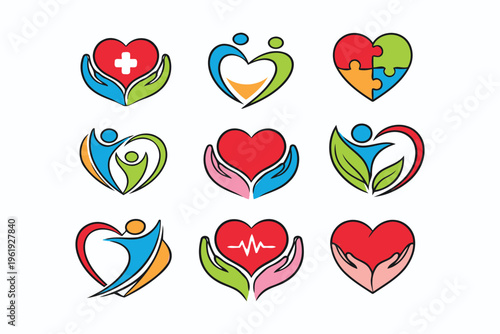 A collection of colorful heart shaped icons representing health care and charitable community support Vector