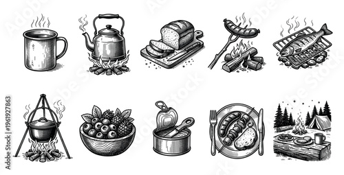 A collection of vintage-style line art illustrations depicting various camping food and cooking scenes, including hot drinks, grilling, and campfire meals.