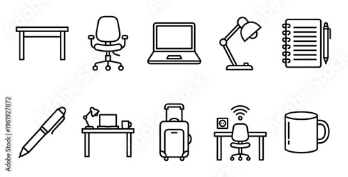 A clean line art illustration featuring various icons of office and workspace essentials arranged in two rows against a white background, perfect for design projects.