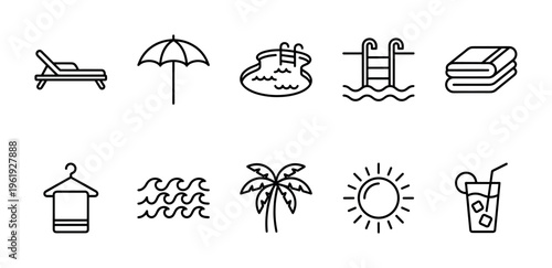 A collection of clean, minimalist line icons representing summer vacation essentials like a lounge chair, umbrella, pool, towels, and a refreshing drink.