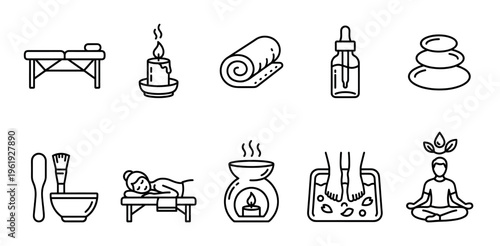 A collection of black and white line art icons representing spa, massage, and wellness treatments including a massage bed, candle, towel, oil, stones, and person meditating.