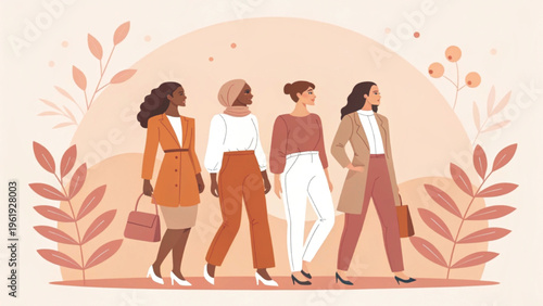 A minimalist flat illustration of a diverse group of modern women standing together background 
