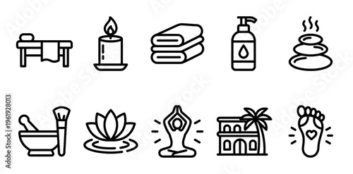 Collection of clean outline icons representing spa and wellness activities, including massage table, candle, towels, lotion, hot stones, lotus flower, and yoga pose.