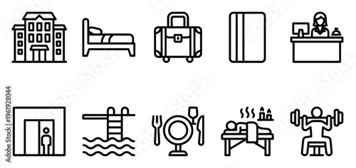 A collection of clean, thin-line icons representing various hotel services, including a building, bed, luggage, reception, elevator, pool, dining, spa, and gym.