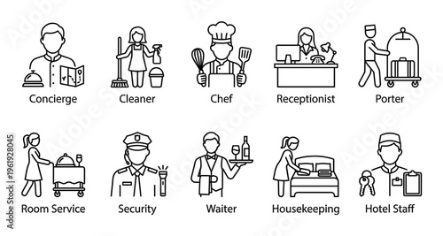 Collection of black and white line art icons representing various hotel staff roles and services, suitable for hospitality industry themes.