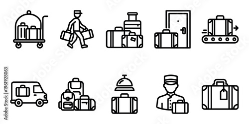 A collection of minimalist line art icons depicting various hotel luggage and transportation services including bellhops, luggage carts, and vehicles.