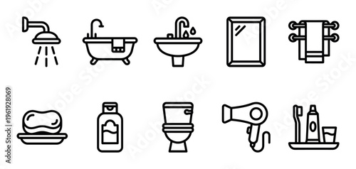 A clean, minimalist collection of black and white line art icons depicting essential bathroom fixtures and hygiene items for a sleek visual.
