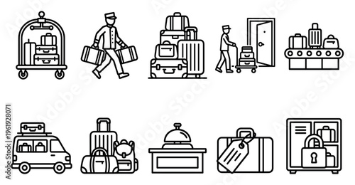 A set of line art icons depicting various hotel and travel related services including luggage transport, check-in, and storage.