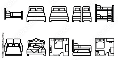 A collection of line art icons representing various bed types and bedroom layouts, perfect for illustrating sleep, accommodation, and interior design concepts.