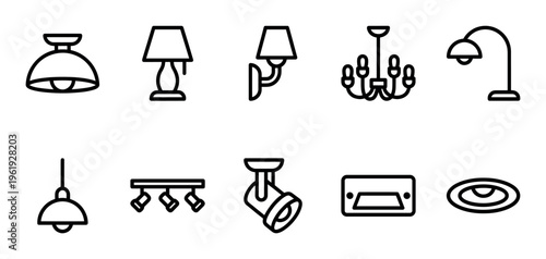 A clean, modern icon set featuring various lighting fixtures like chandeliers, lamps, and spotlights, perfect for interior design and architectural concepts.