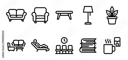 A collection of clean, minimalist black line art icons representing common household furniture and objects, perfect for web design or infographics.