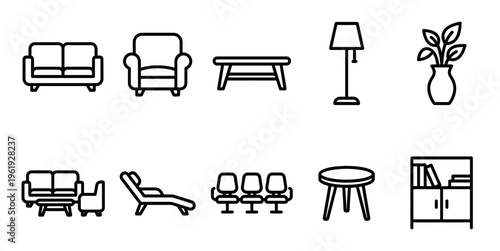 A minimalist collection of black and white outline icons representing various furniture pieces, ideal for interior design, home planning, or concept art.
