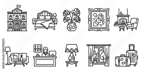 A collection of clean, black and white line art icons depicting various hotel interior elements and services, ideal for travel and hospitality design.