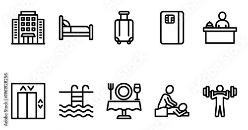 A clean icon set depicts various hotel amenities including a building, bed, luggage, key card, reception, elevator, pool, dining, massage, and gym.