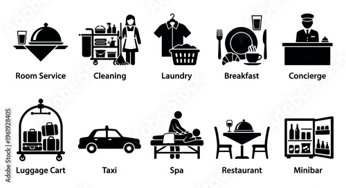 A collection of black and white vector icons representing various hotel services including room service, cleaning, laundry, breakfast, concierge, luggage cart, taxi, spa, restaurant, and minibar.