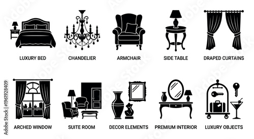 A graphic compilation of elegant interior design elements and luxury objects, presented as black silhouettes on a white background for versatile use.