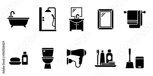 Collection of clean black and white icons representing various bathroom fixtures and hygiene items, perfect for websites, apps, or design projects.