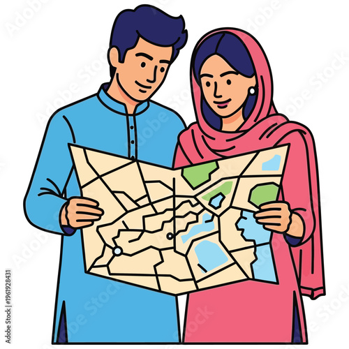 Indian couple looking at map planning travel trip together in traditional clothes
