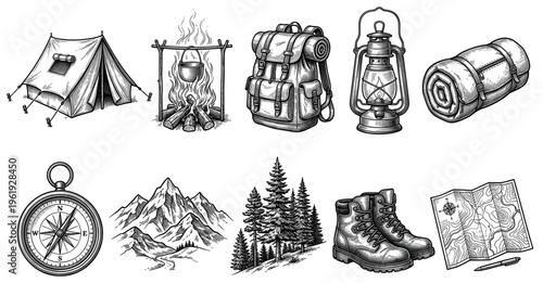 A vintage-style sketch showcases essential camping equipment including a tent, campfire, backpack, lantern, sleeping bag, compass, mountains, trees, boots, and map for outdoor adventures.