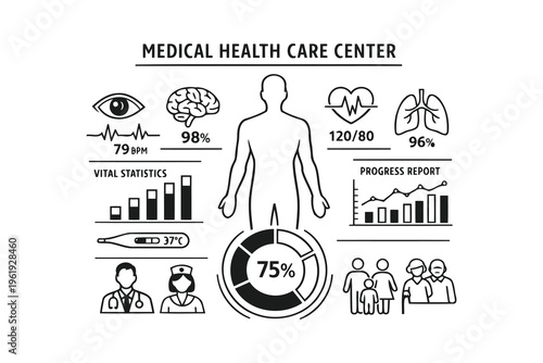 Medical health care center infographic with human body anatomy and vital statistics display icons Vector