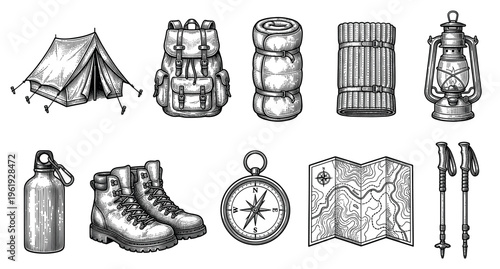 A collection of vintage-style line art illustrations depicting essential camping and hiking gear, perfect for adventure or outdoor activity themes.