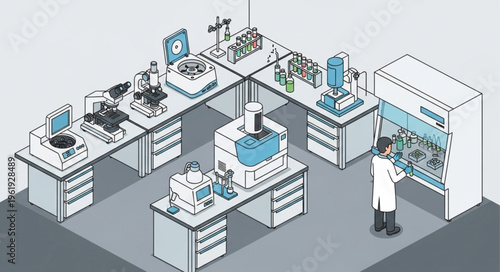 Isometric Laboratory Illustration - Detailed Scientific Research Environment.