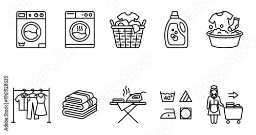 A clean line art icon set illustrating various laundry tasks and symbols, perfect for websites, apps, or print materials related to home care or services.