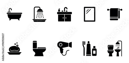 A collection of black silhouette icons representing various bathroom fixtures and personal hygiene items for easy integration into design projects.