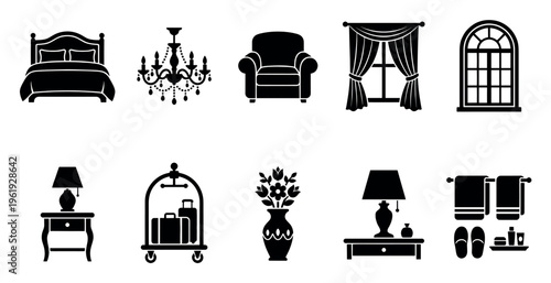 A clean, minimalist collection of black silhouette icons depicting various hotel room amenities and furniture, ideal for design and informational use.
