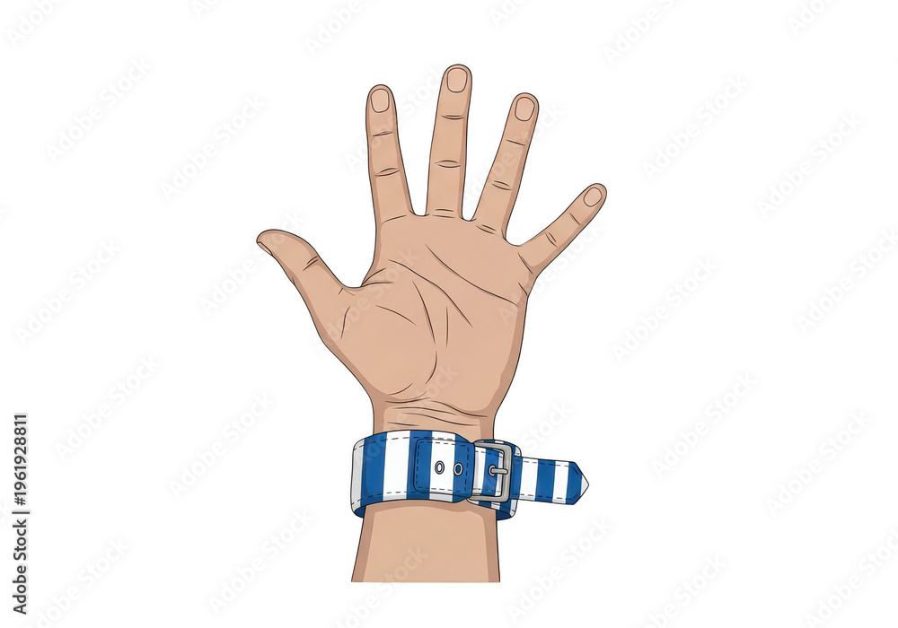 Fototapeta premium Hand with blue and white striped handcuffs isolated on transparent background