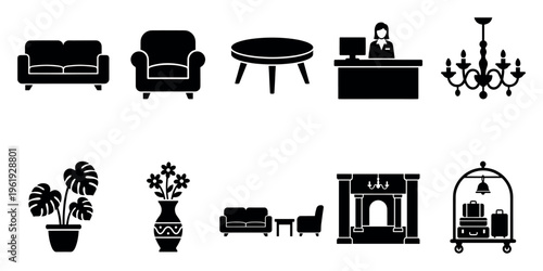 Collection of hotel interior and service icons in black silhouette style, including furniture, reception, and luggage cart for hospitality concepts.
