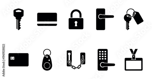 A collection of black security and access related icons, including keys, cards, locks, and door handles on a white background.