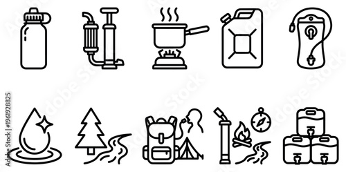 A collection of black and white outline icons representing essential camping and survival equipment for outdoor adventures.