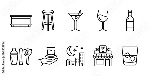 A clean line art icon set representing various bar and nightlife elements including drinks, tools, a bar, and a building.