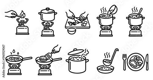 A set of clean line art icons depicts various stages of cooking food, from lighting a stove and chopping ingredients to frying eggs and serving a meal.