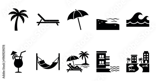 A collection of simple black icons representing beach vacation elements like palm trees, lounge chairs, umbrellas, waves, and hotels.