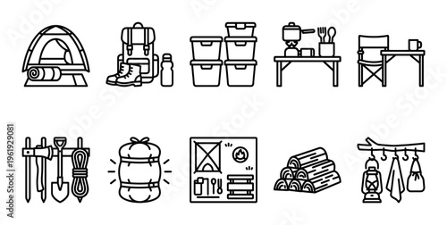 A collection of stylized black and white line art icons representing various camping equipment, ideal for travel guides or outdoor adventure concepts.