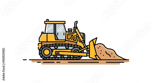 Bulldozer pushing a pile of sand.