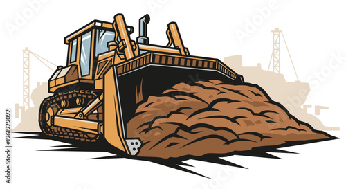 Bulldozer pushing a pile of dirt.