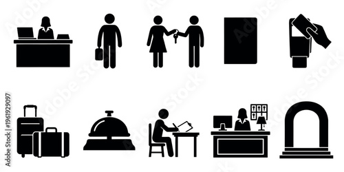 A collection of simple black and white vector icons illustrating various hotel services including check-in, luggage, reception, and room entry.