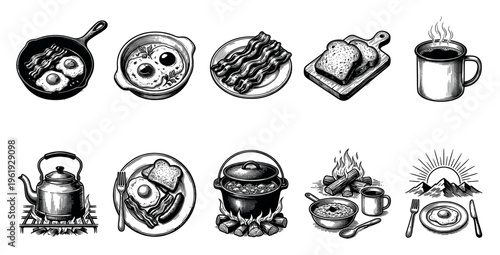 A collection of vintage, black and white, etched illustrations featuring various breakfast foods and drinks, including fried eggs, bacon, toast, coffee, and camping meals.