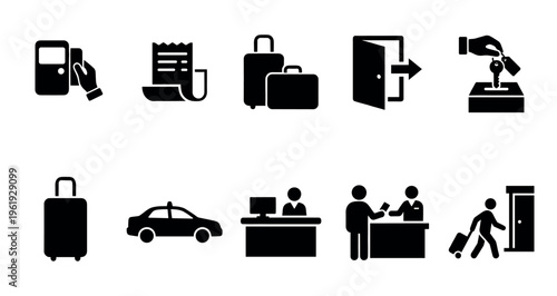 A collection of black and white icons illustrating various aspects of travel and hotel services, including check-in, luggage, and transportation.